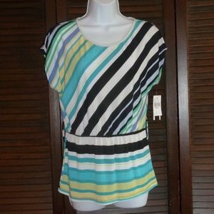 Blue Green White & Yellow Striped Top, Short Sleeve, by A. BYER, S, Nwt
